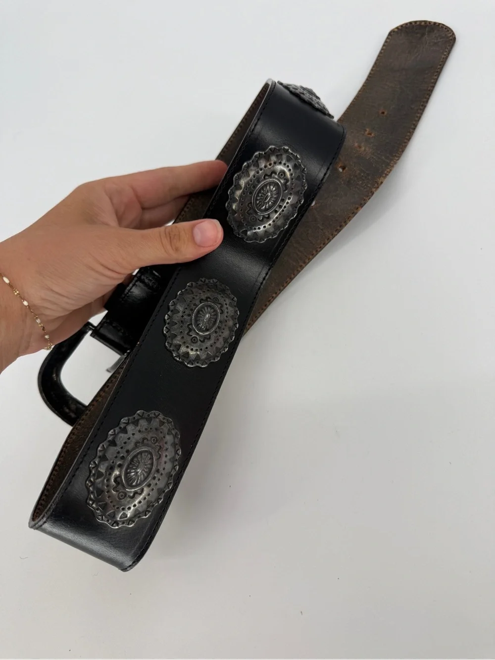 Vintage Leather Concho Belt Black Silver
